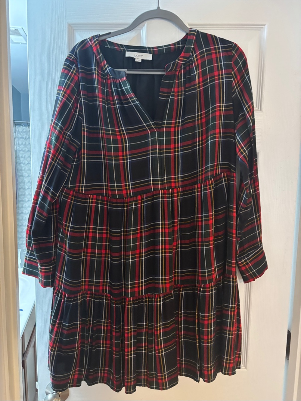 LOFT Black and Red Plaid Tiered Dress